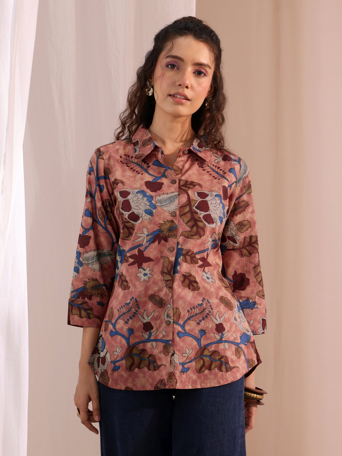 Libas Peach Floral Printed Cotton Shirt