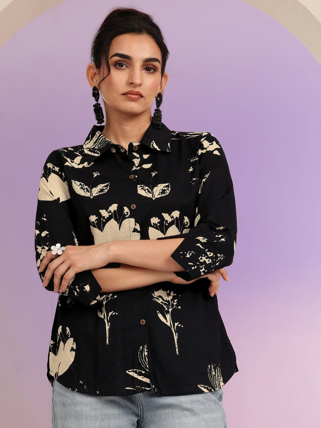 Libas Black Floral Print Cotton Shirt K60