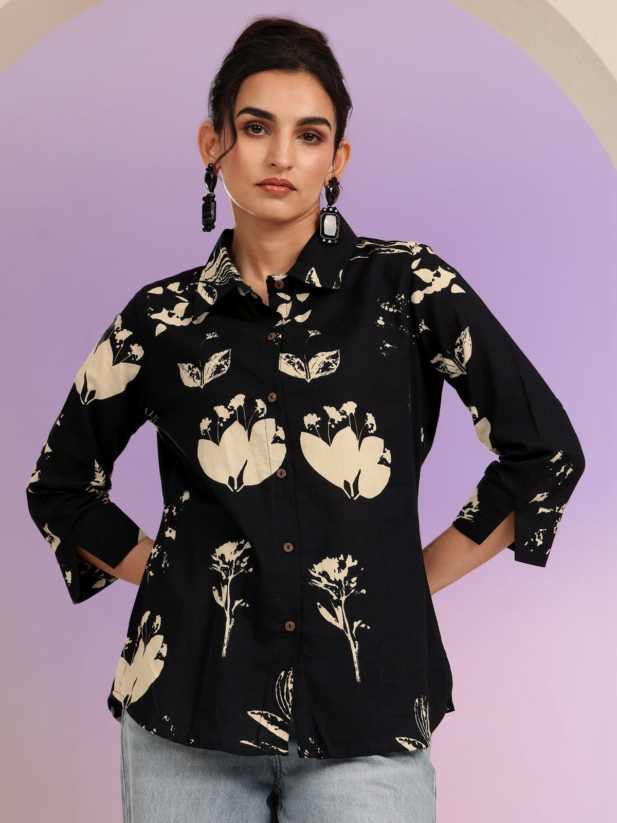 Libas Black Floral Print Cotton Shirt K60
