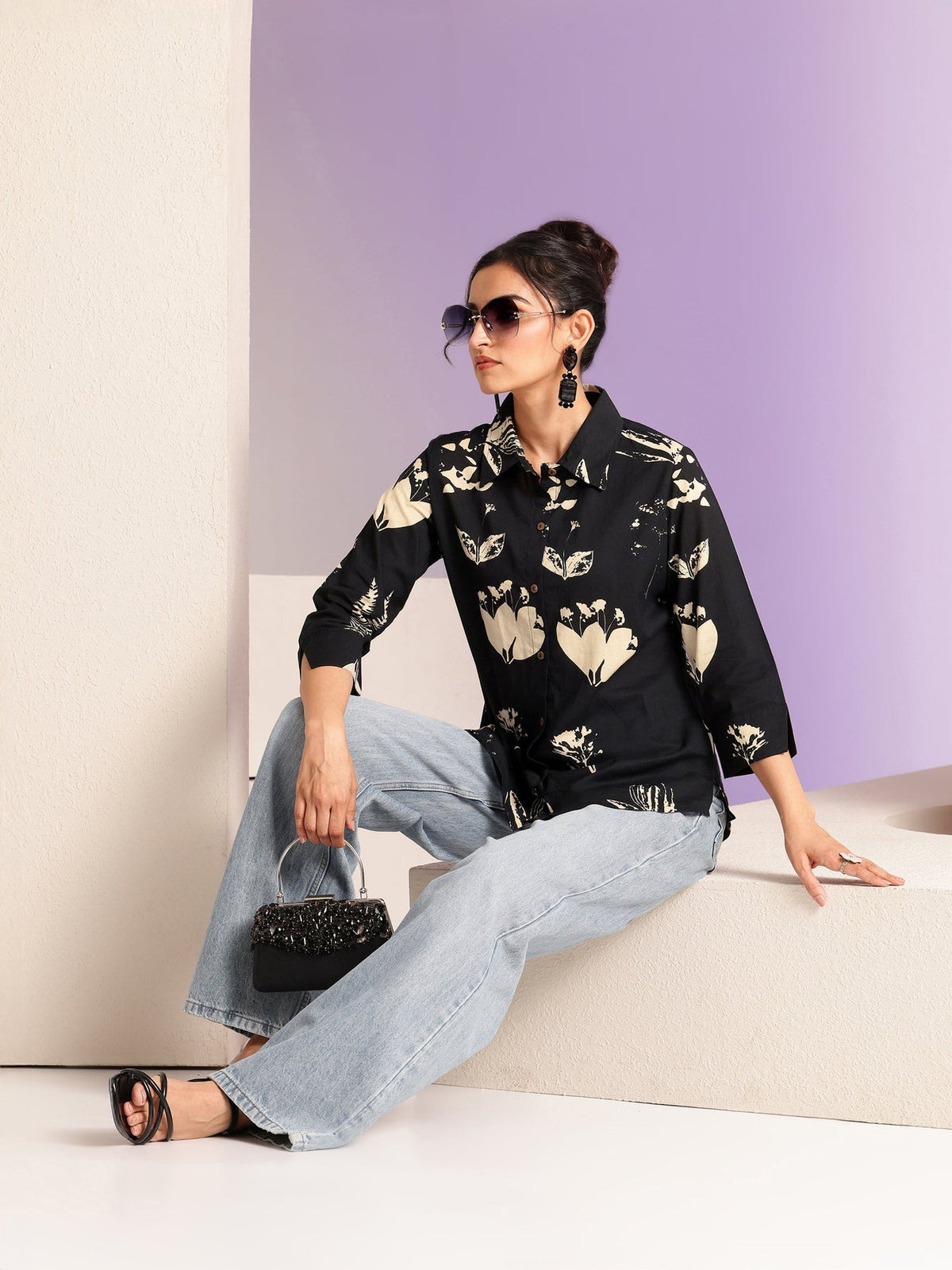 Libas Black Floral Print Cotton Shirt K60