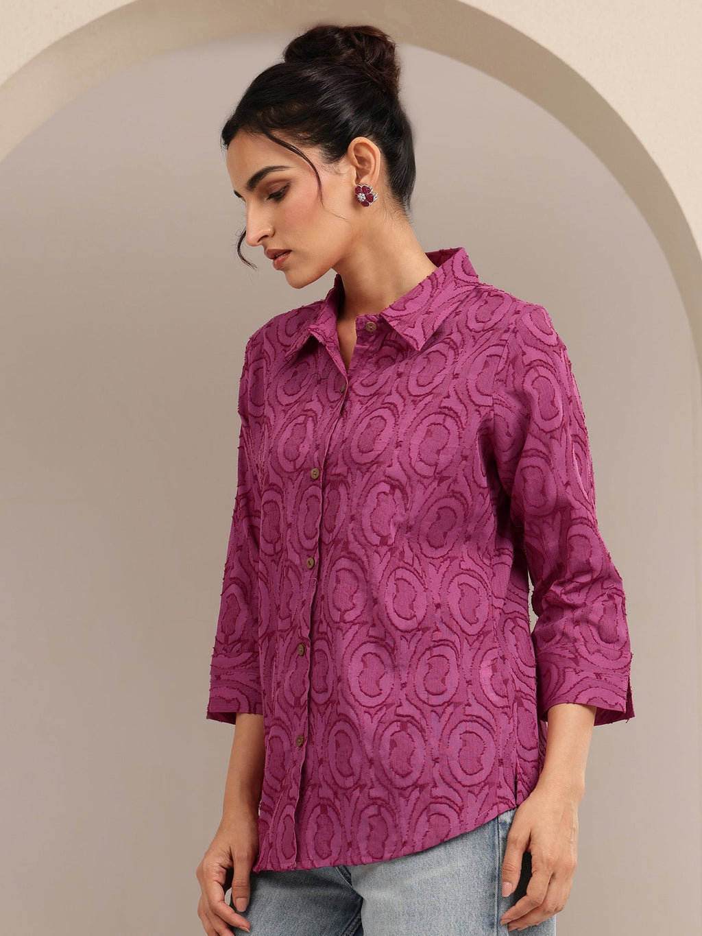 Libas Dark Pink Textured Cotton Shirt K60