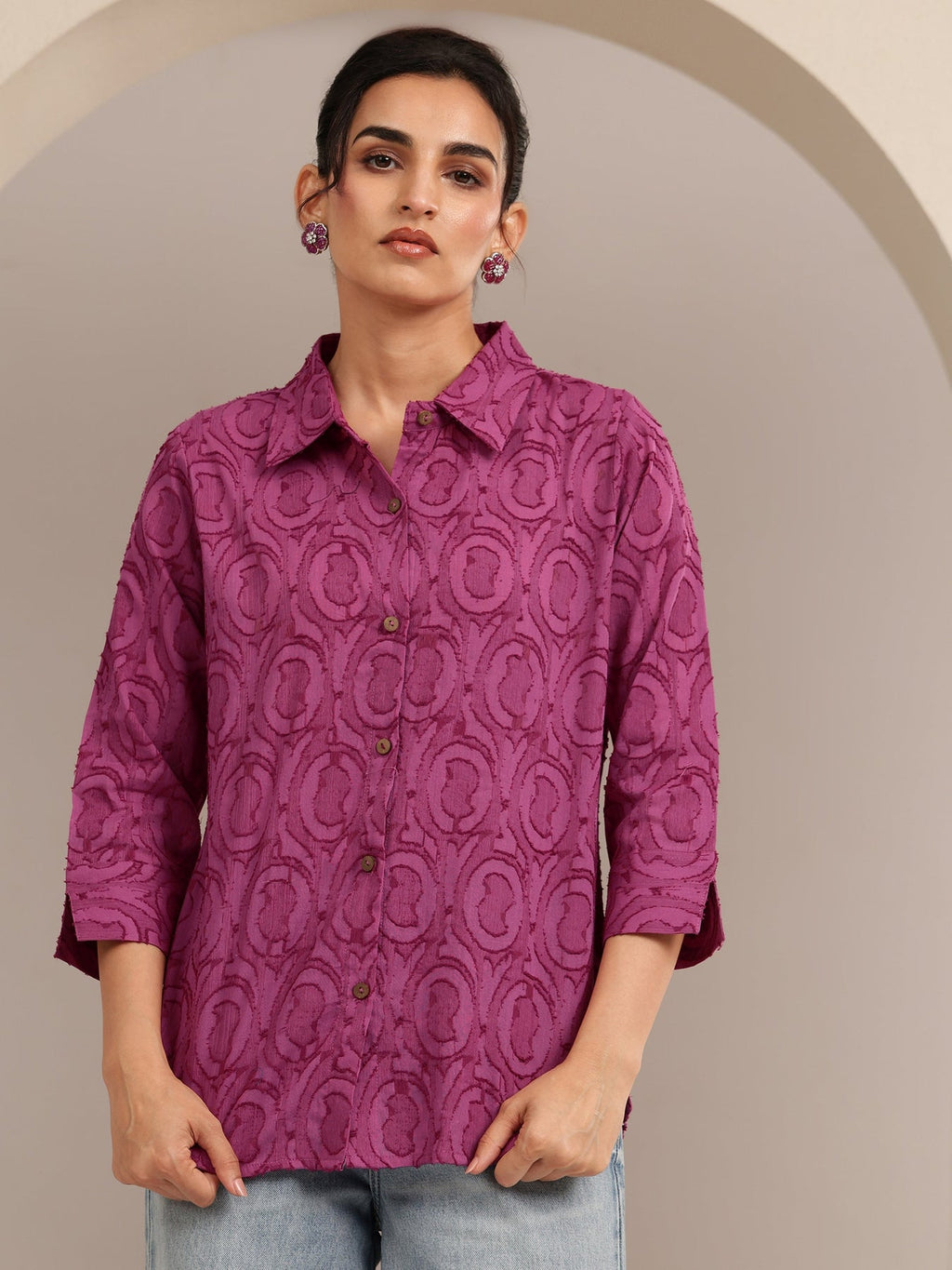 Libas Dark Pink Textured Cotton Shirt K60