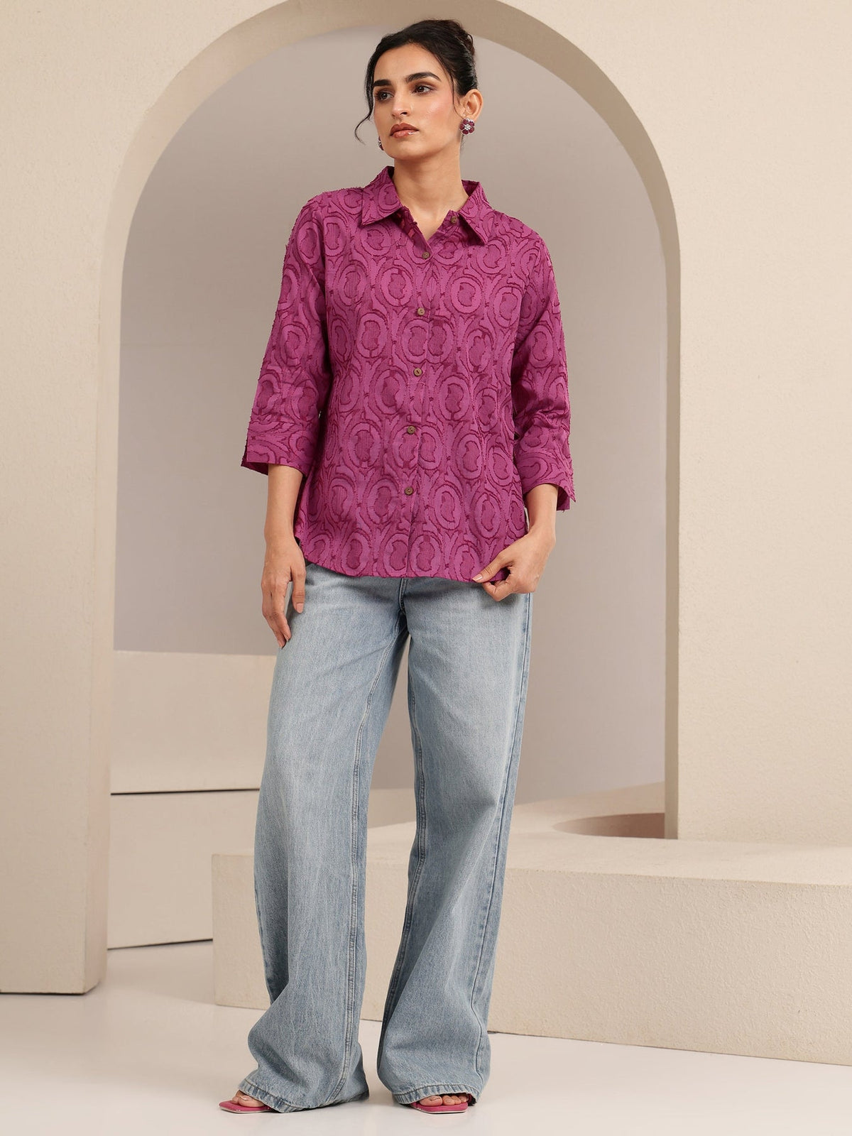 Libas Dark Pink Textured Cotton Shirt K60