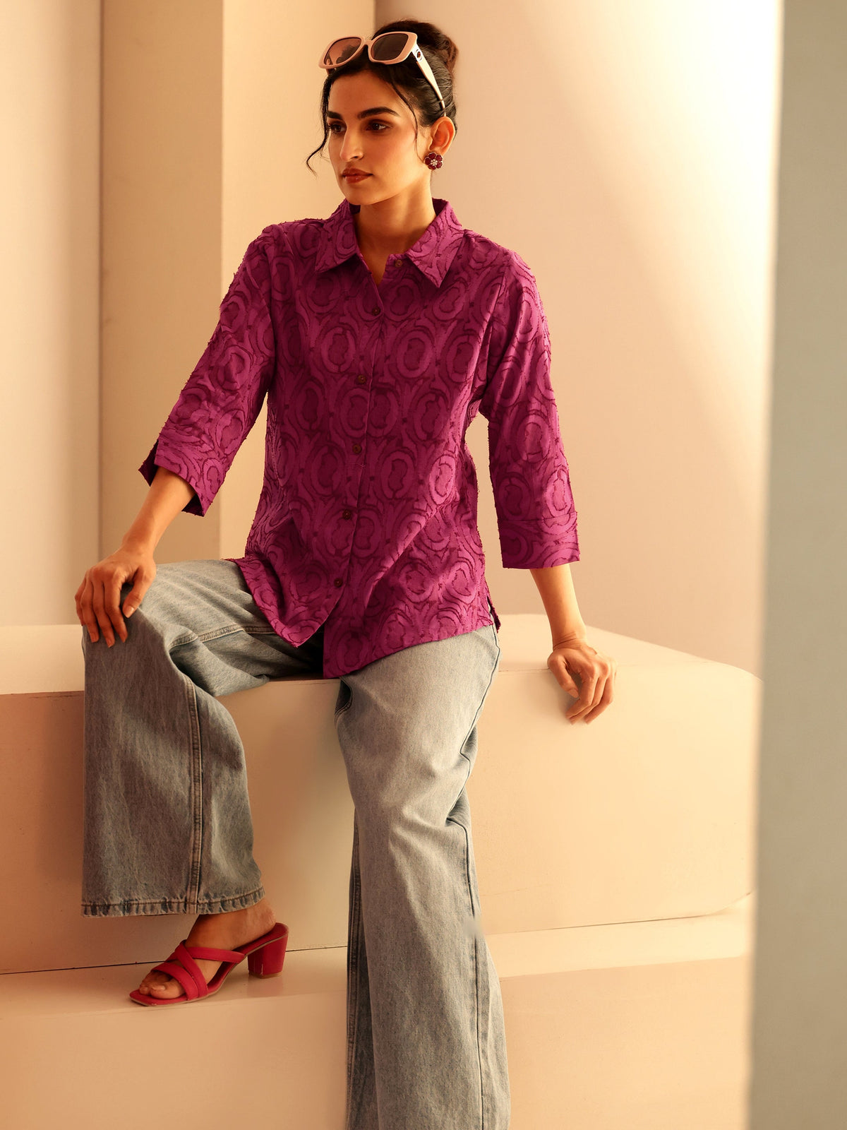 Libas Dark Pink Textured Cotton Shirt
