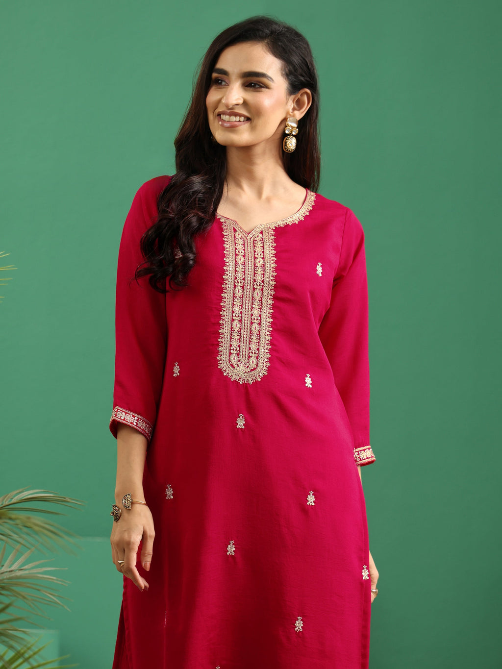 Libas Rose Red Yoke Embroidered Silk Blend Straight Kurta
