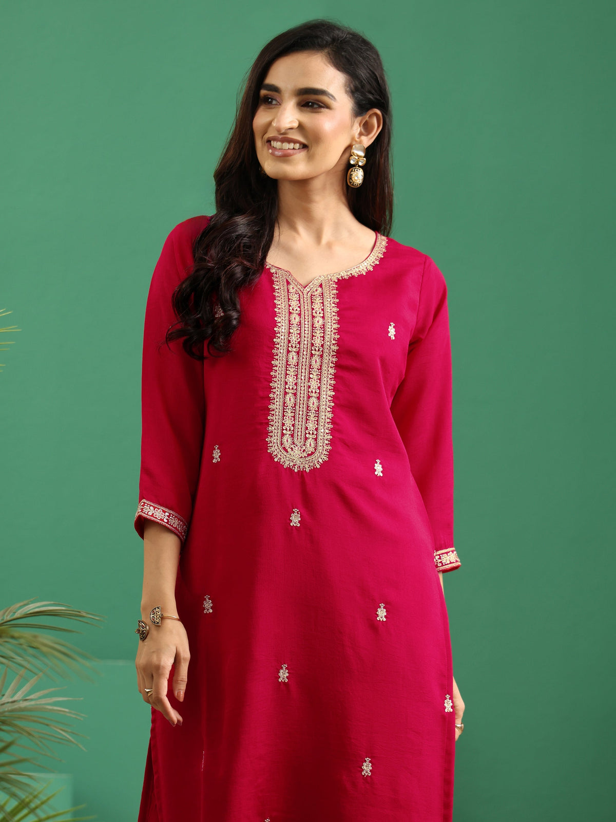 Libas Rose Red Yoke Embroidered Silk Blend Straight Kurta