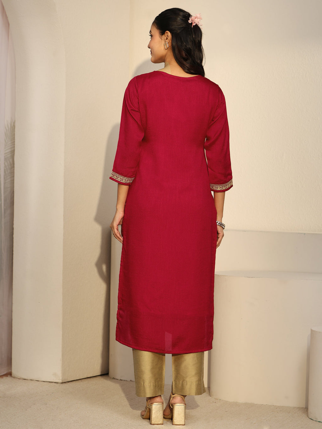 Libas Red Floral Embroidered Silk Blend Straight Kurta