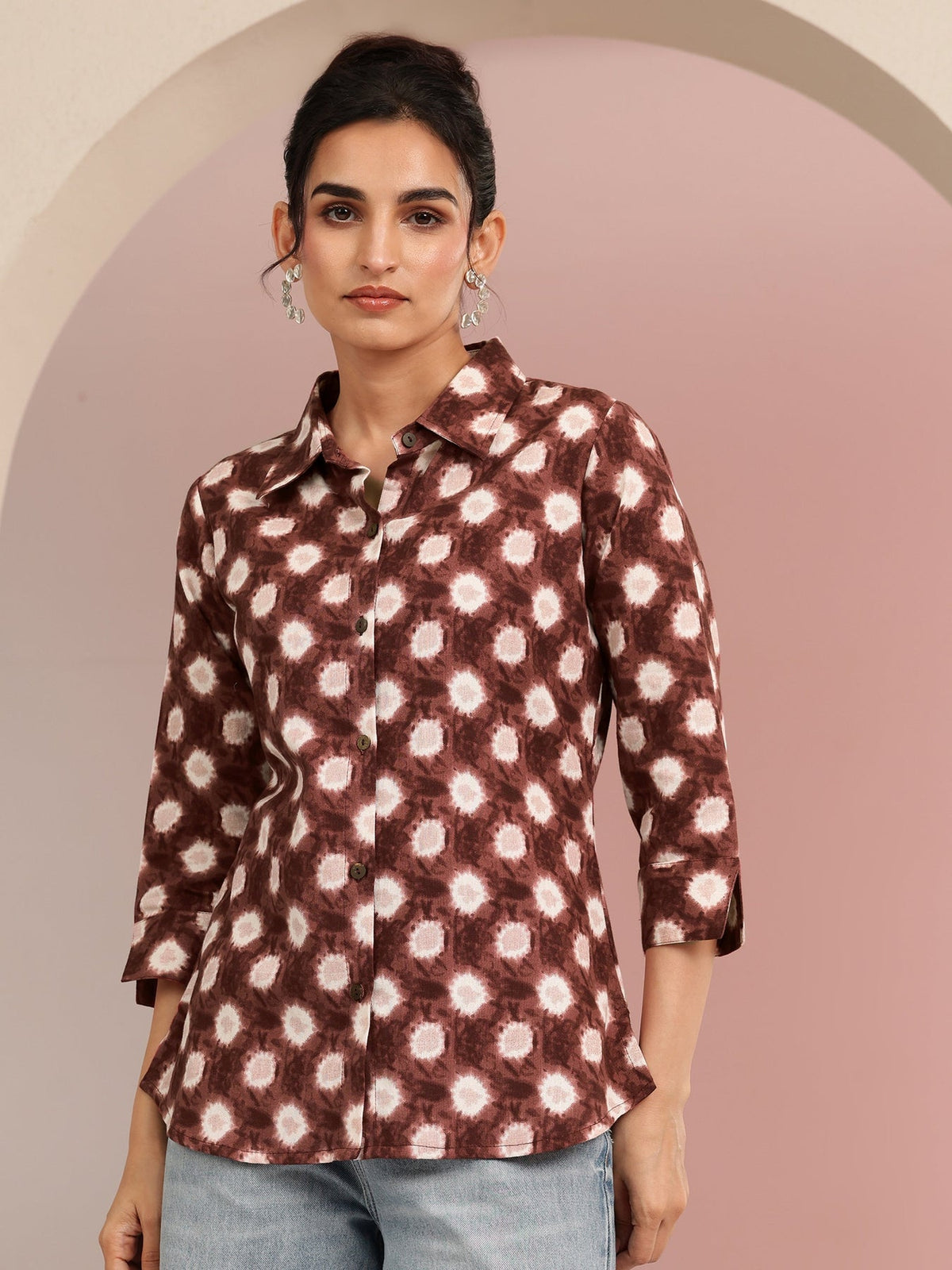 Libas Brown Ikat Dot Printed Cotton Shirt K60