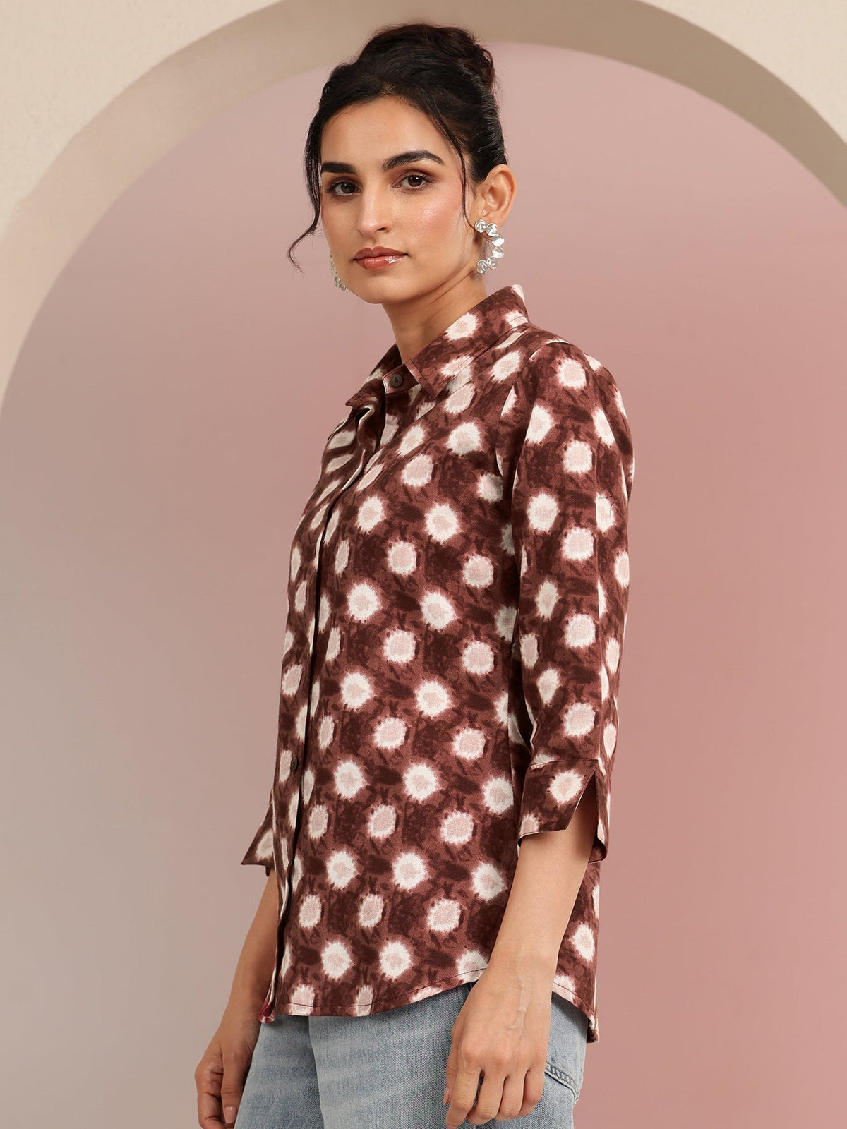 Libas Brown Ikat Dot Printed Cotton Shirt K60