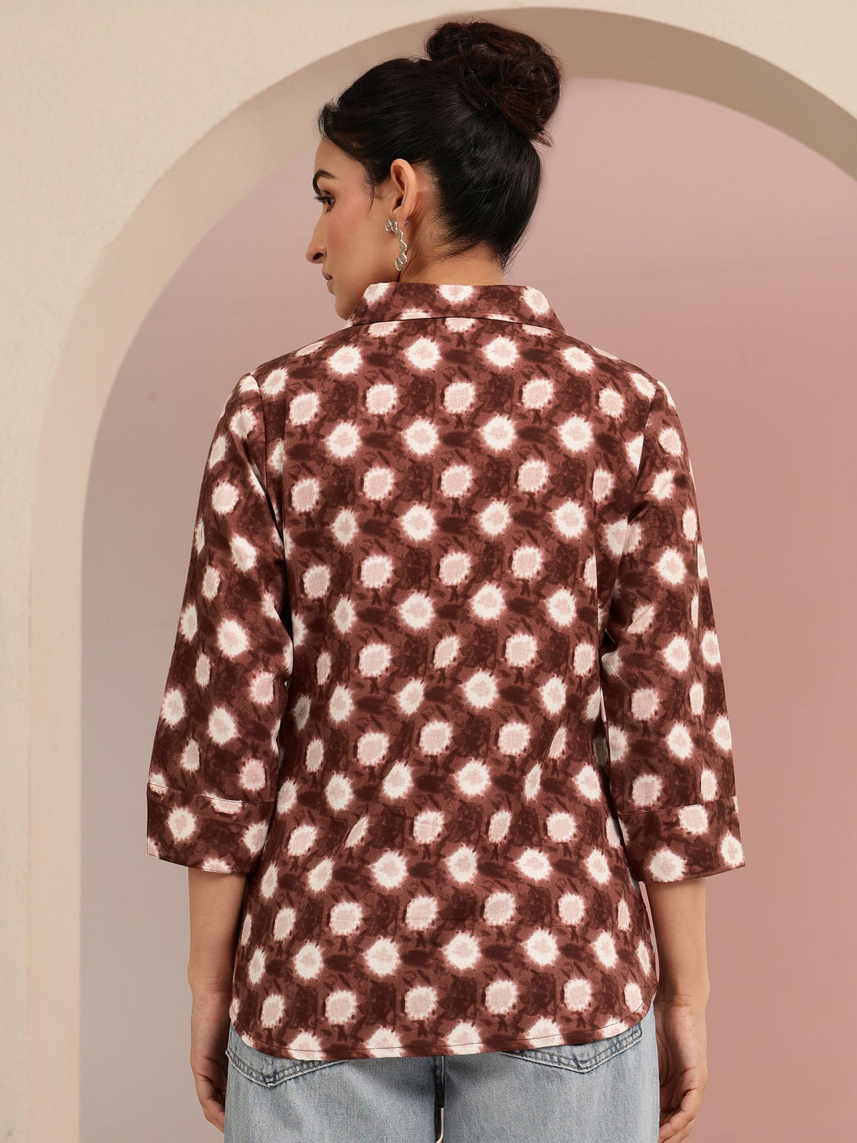 Libas Brown Ikat Dot Printed Cotton Shirt K60