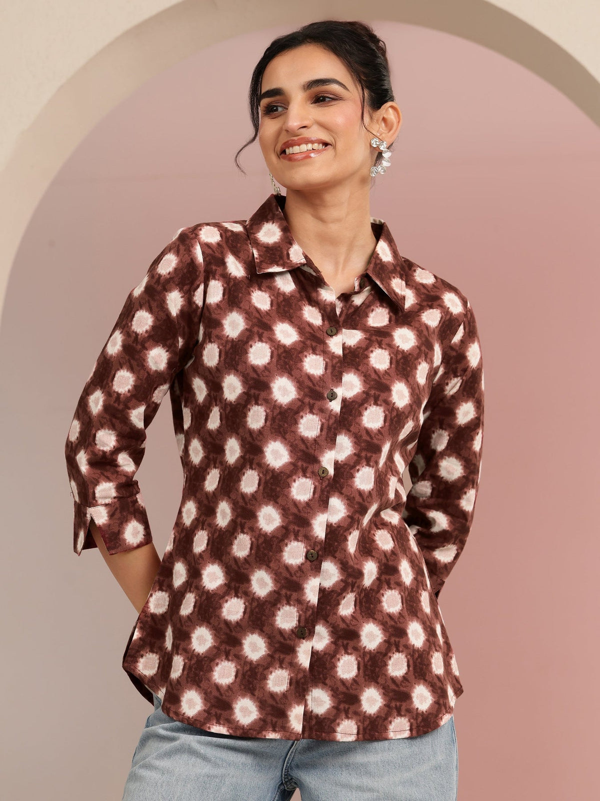 Libas Brown Ikat Dot Printed Cotton Shirt K60