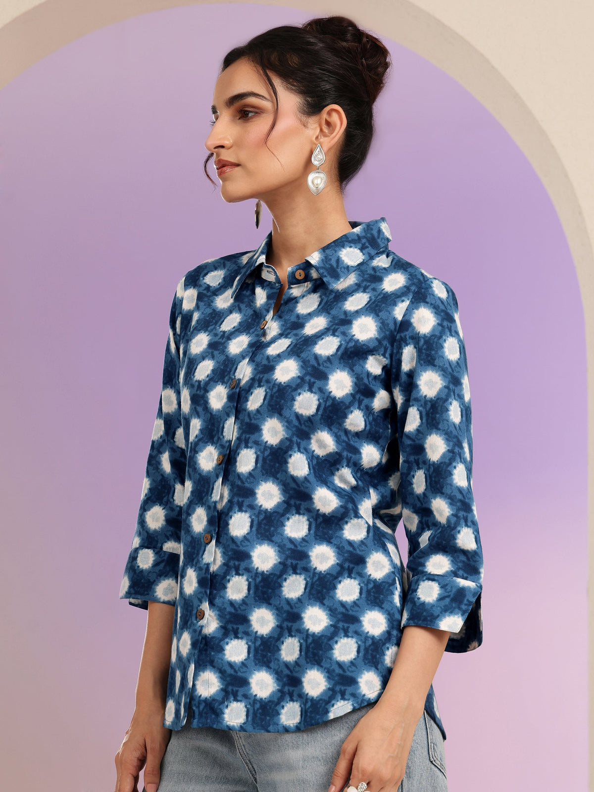 Libas Blue Ikat Dot Printed Cotton Shirt