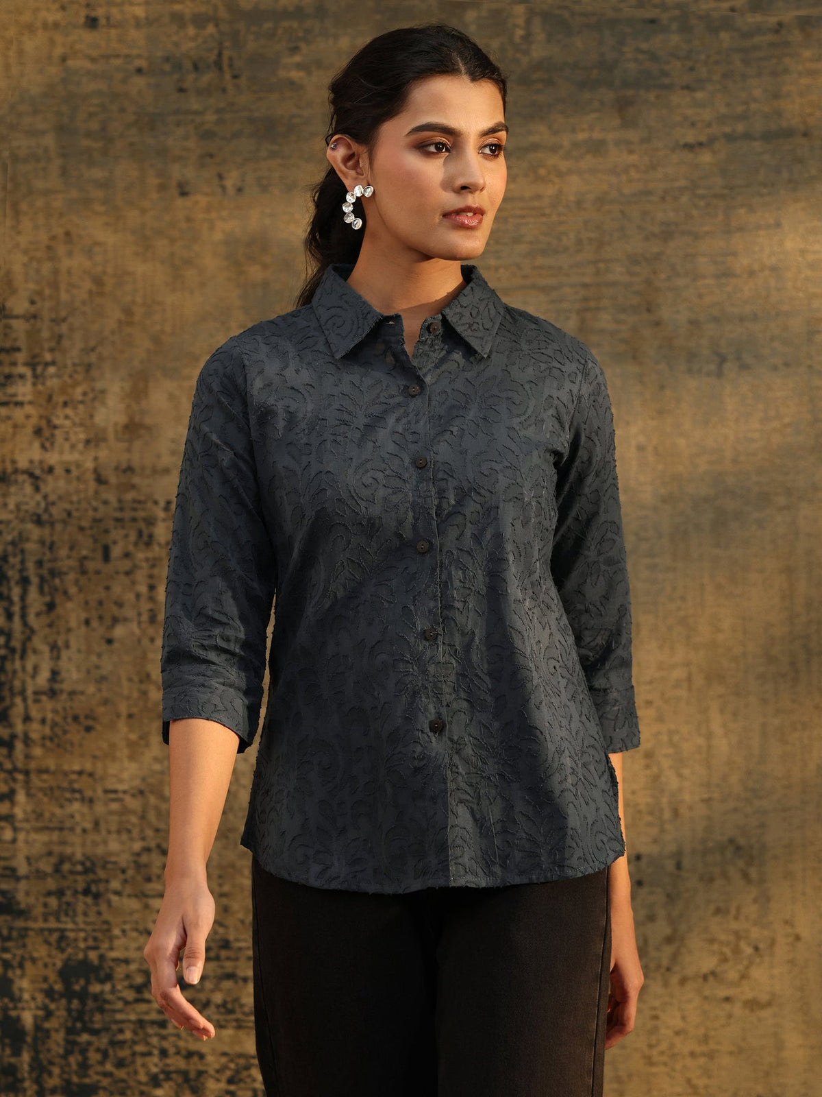 Libas Dark Grey Floral Textured Cotton Shirt K60