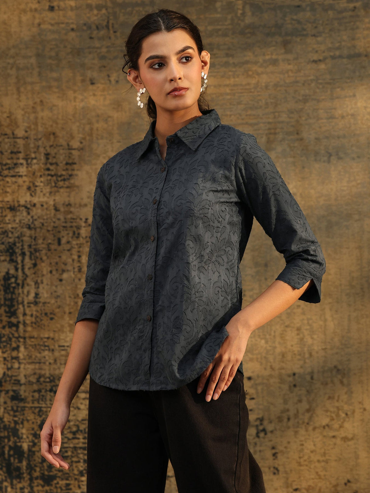Libas Dark Grey Floral Textured Cotton Shirt K60