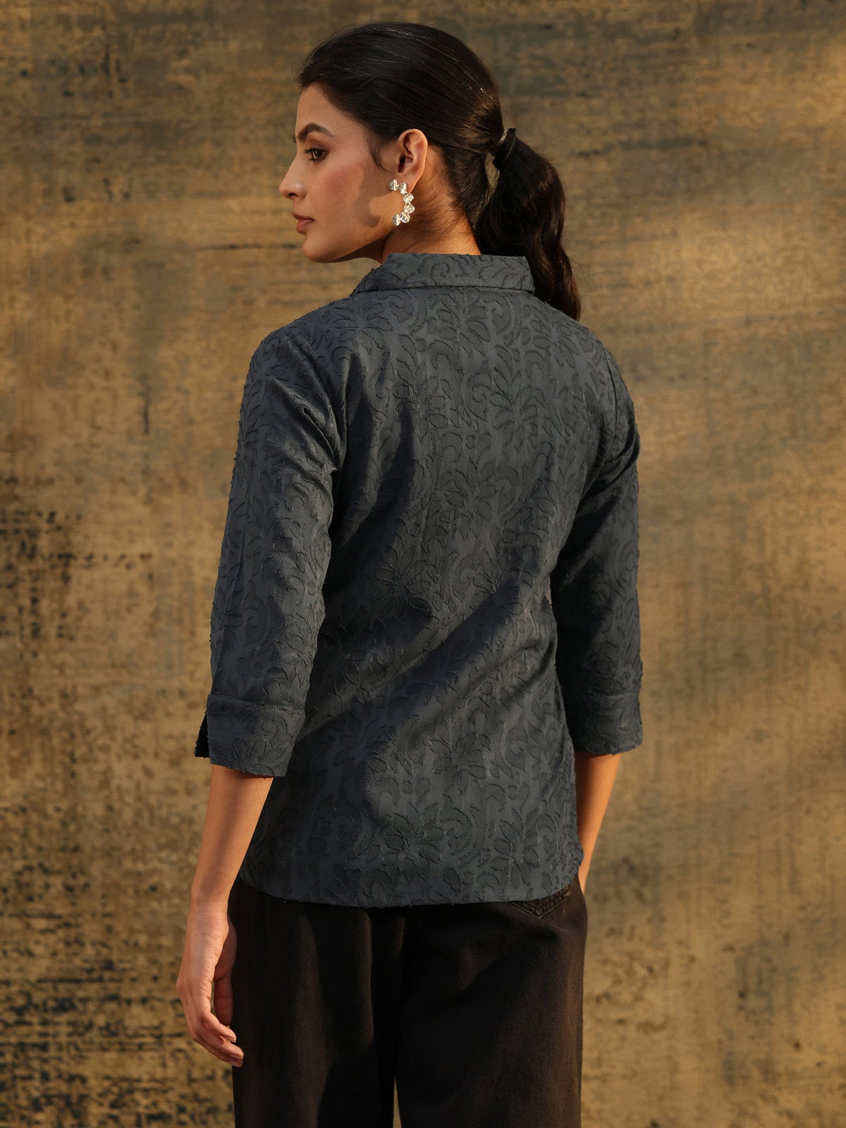 Libas Dark Grey Floral Textured Cotton Shirt K60