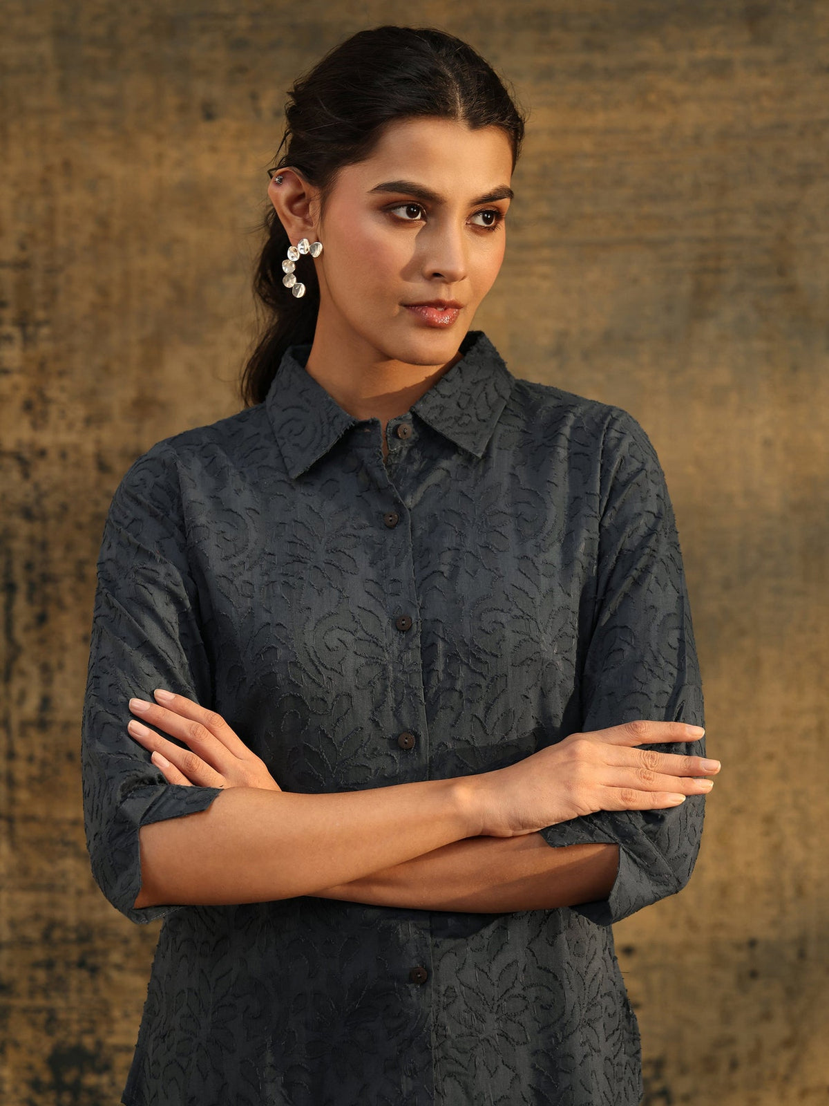 Libas Dark Grey Floral Textured Cotton Shirt K60