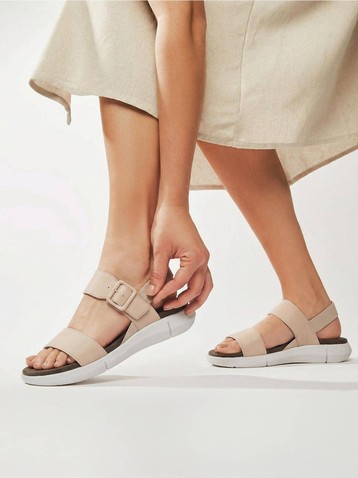 Women Buckle Round Toe Sandals- Cream | SD89 - view 2