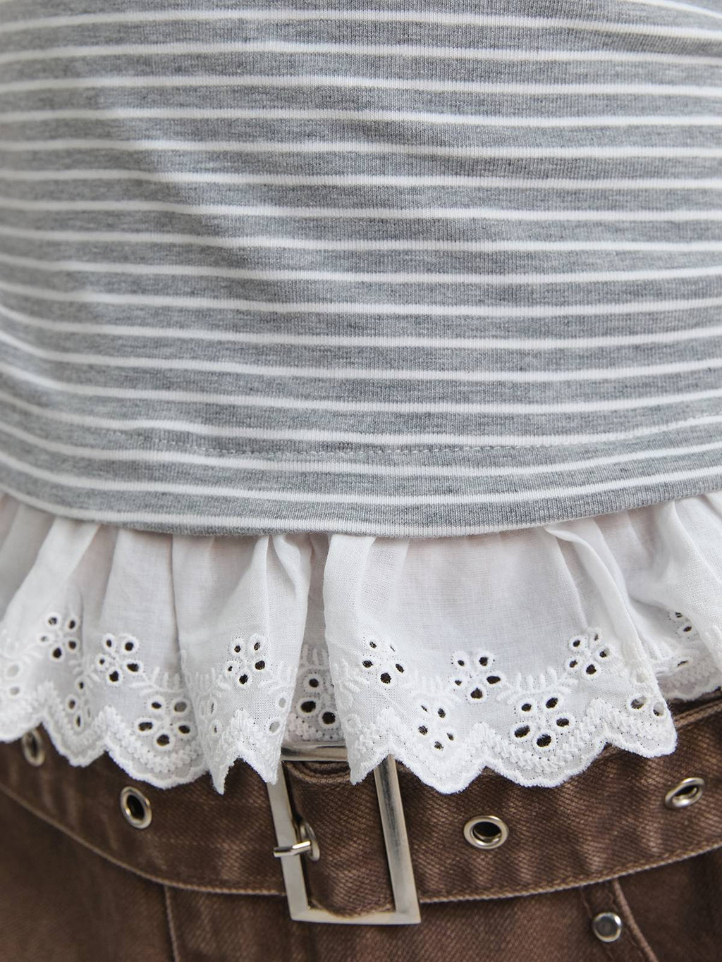 Striped Off Shoulder Lace Hem Tee - Grey | TS56 - view 3