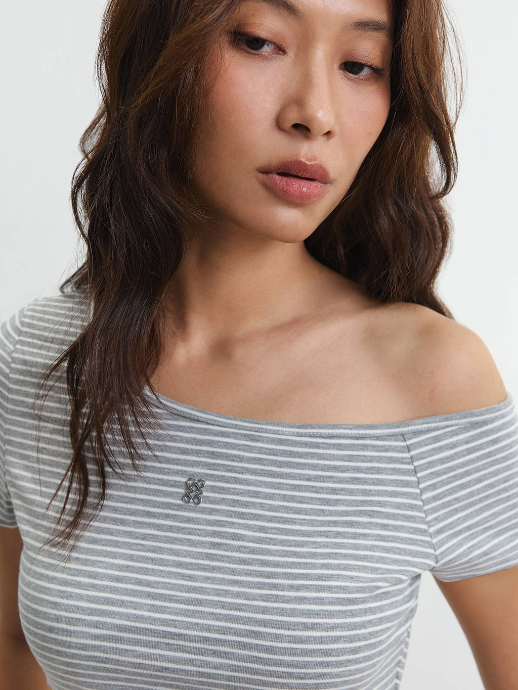 Striped Off Shoulder Lace Hem Tee - Grey | TS56 - view 4