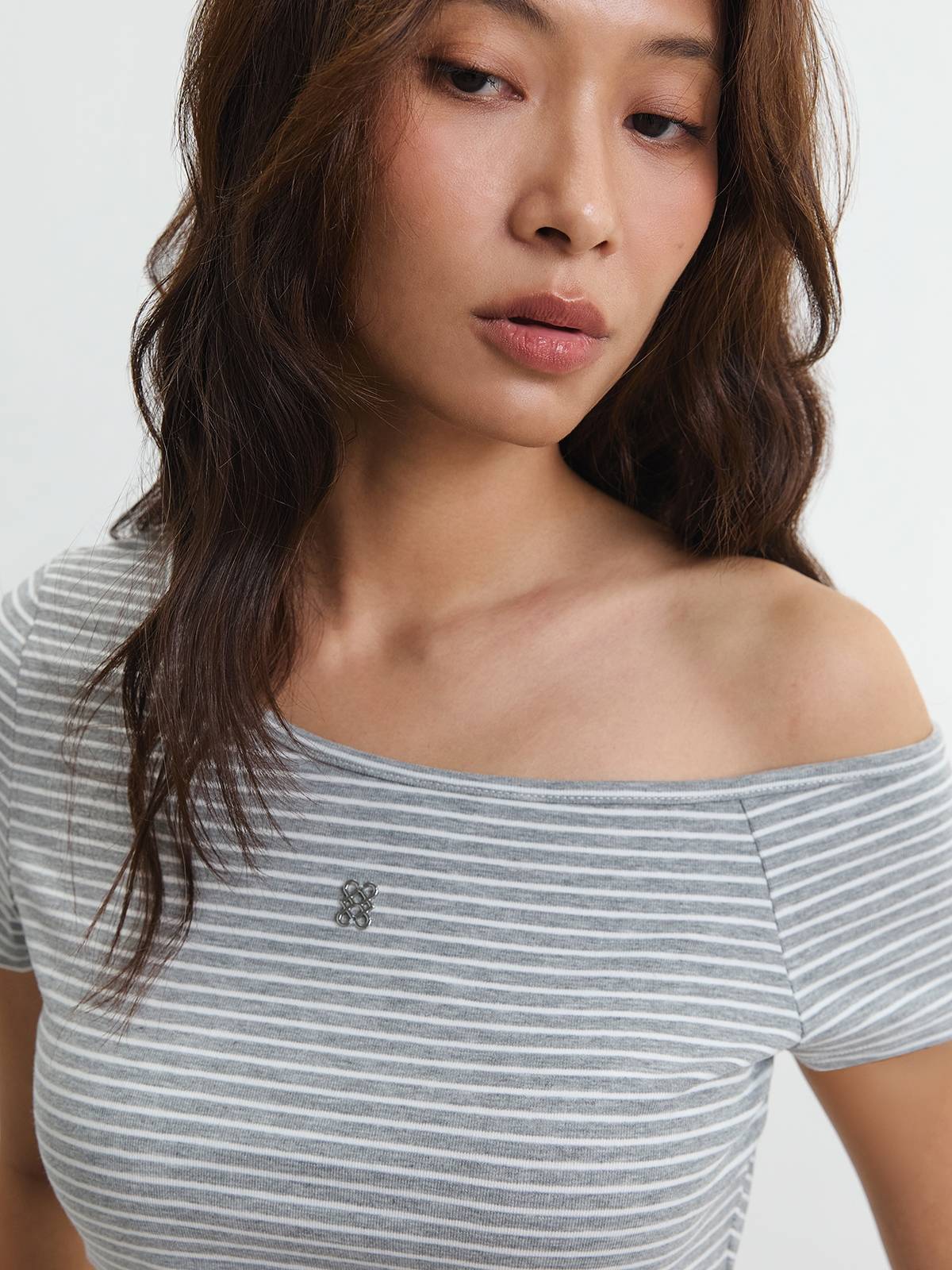 Striped Off Shoulder Lace Hem Tee - Grey | TS56 - view 4