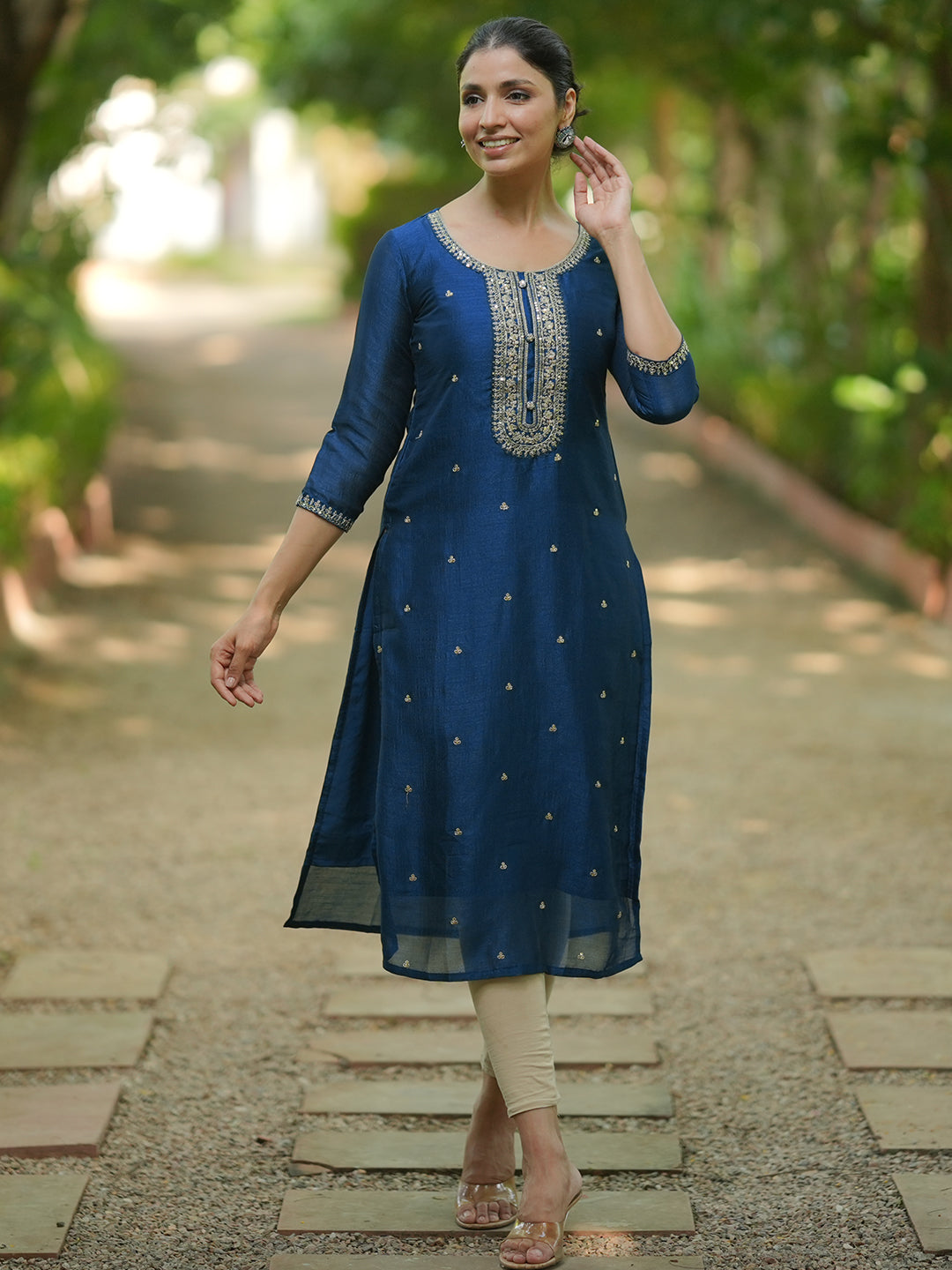 Libas Teal Embroidered Silk Straight Kurta