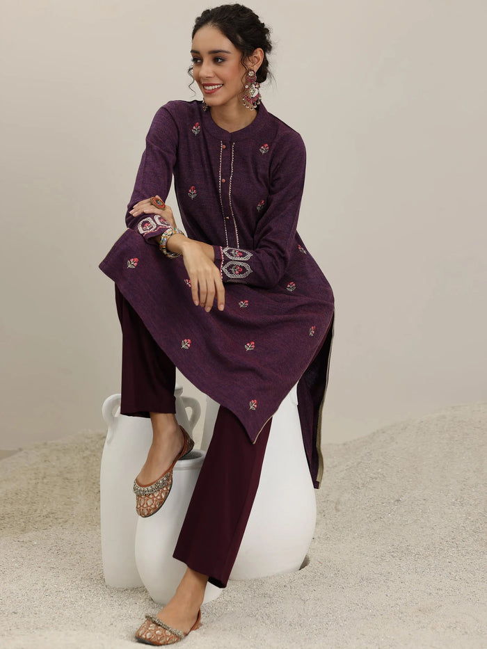 Libas Wine Embroidered Wool Straight Kurta