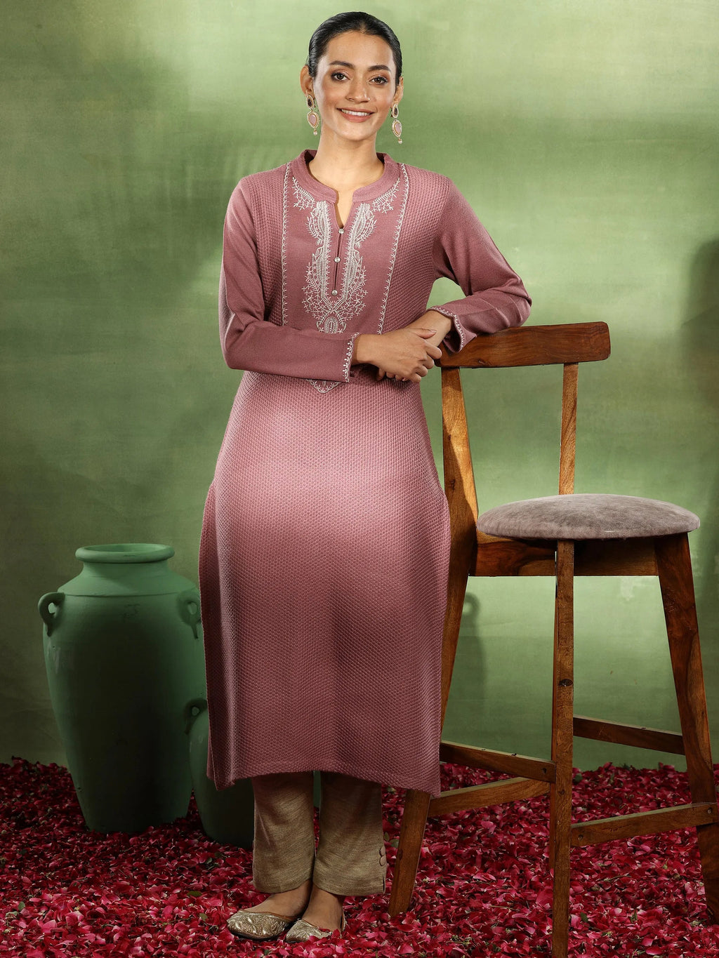 Libas Pink Yoke Design Wool Straight Kurta