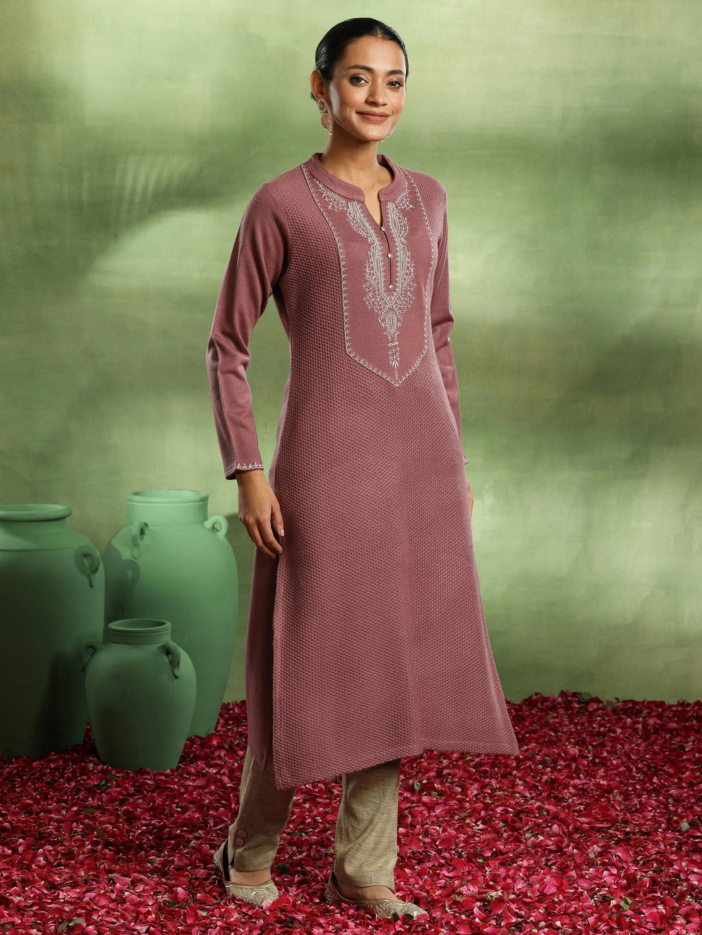 Libas Pink Yoke Design Wool Straight Kurta