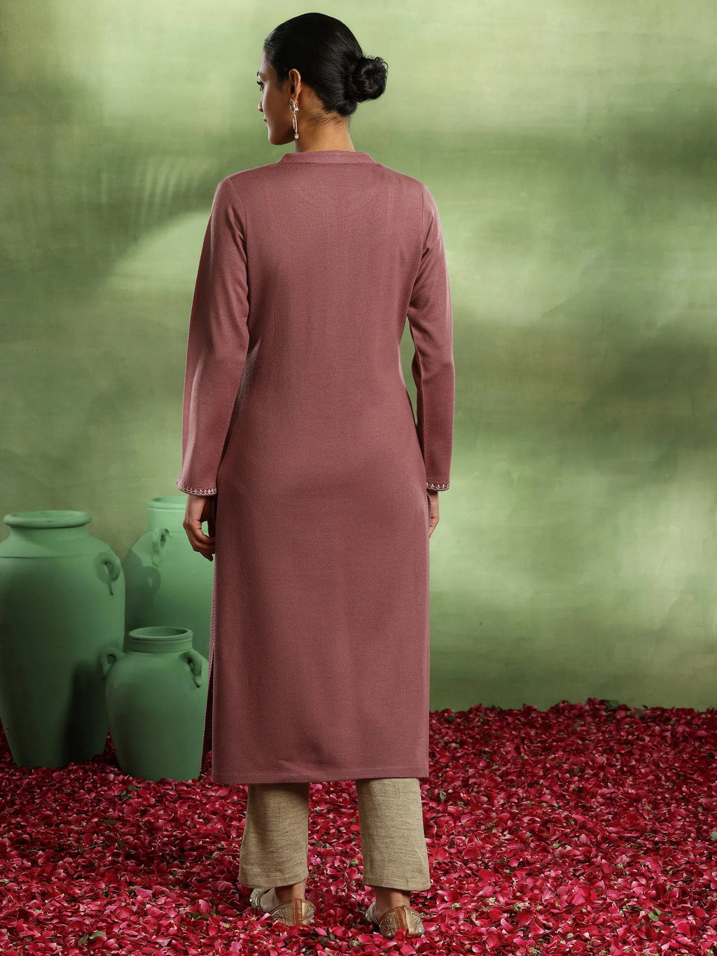 Libas Pink Yoke Design Wool Straight Kurta