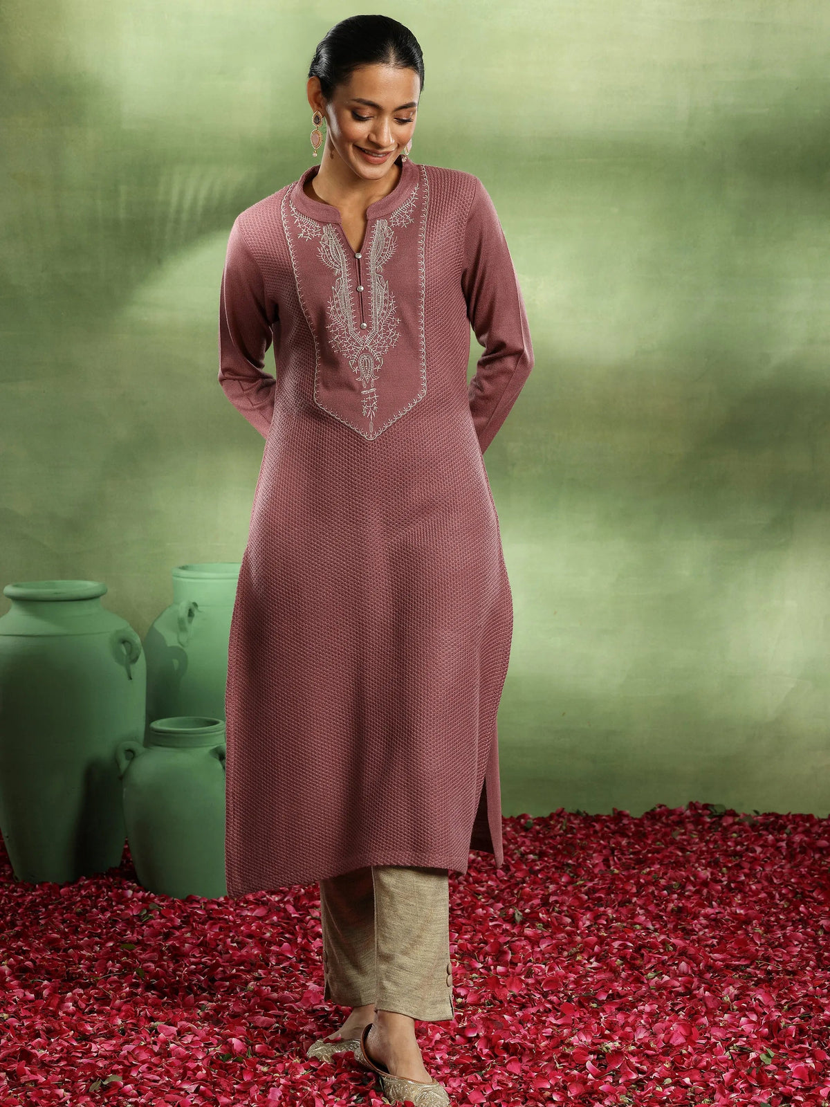 Libas Pink Yoke Design Wool Straight Kurta