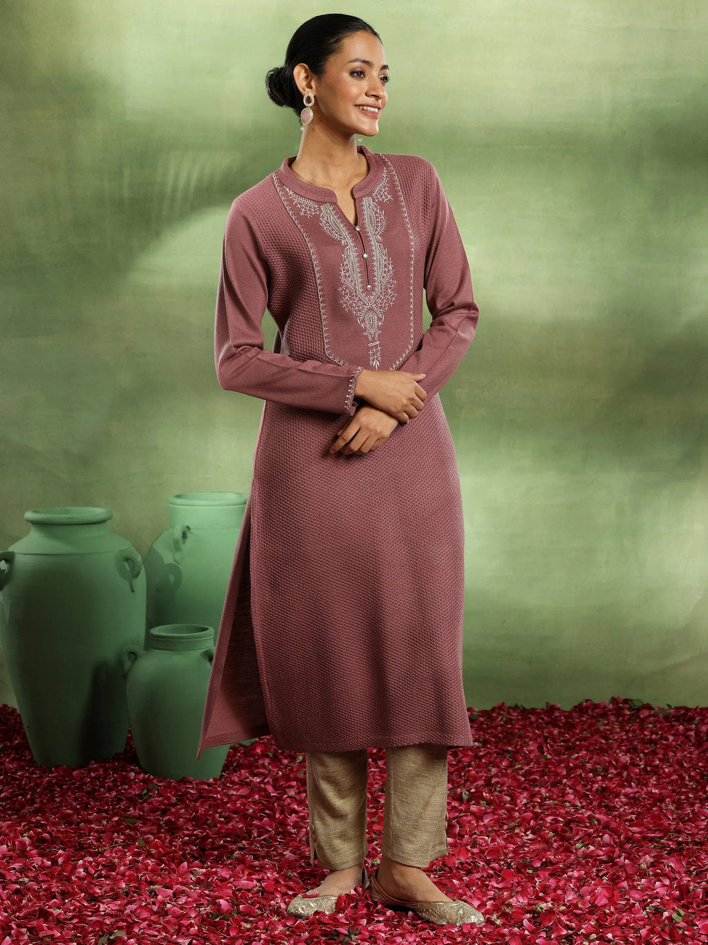 Libas Pink Yoke Design Wool Straight Kurta