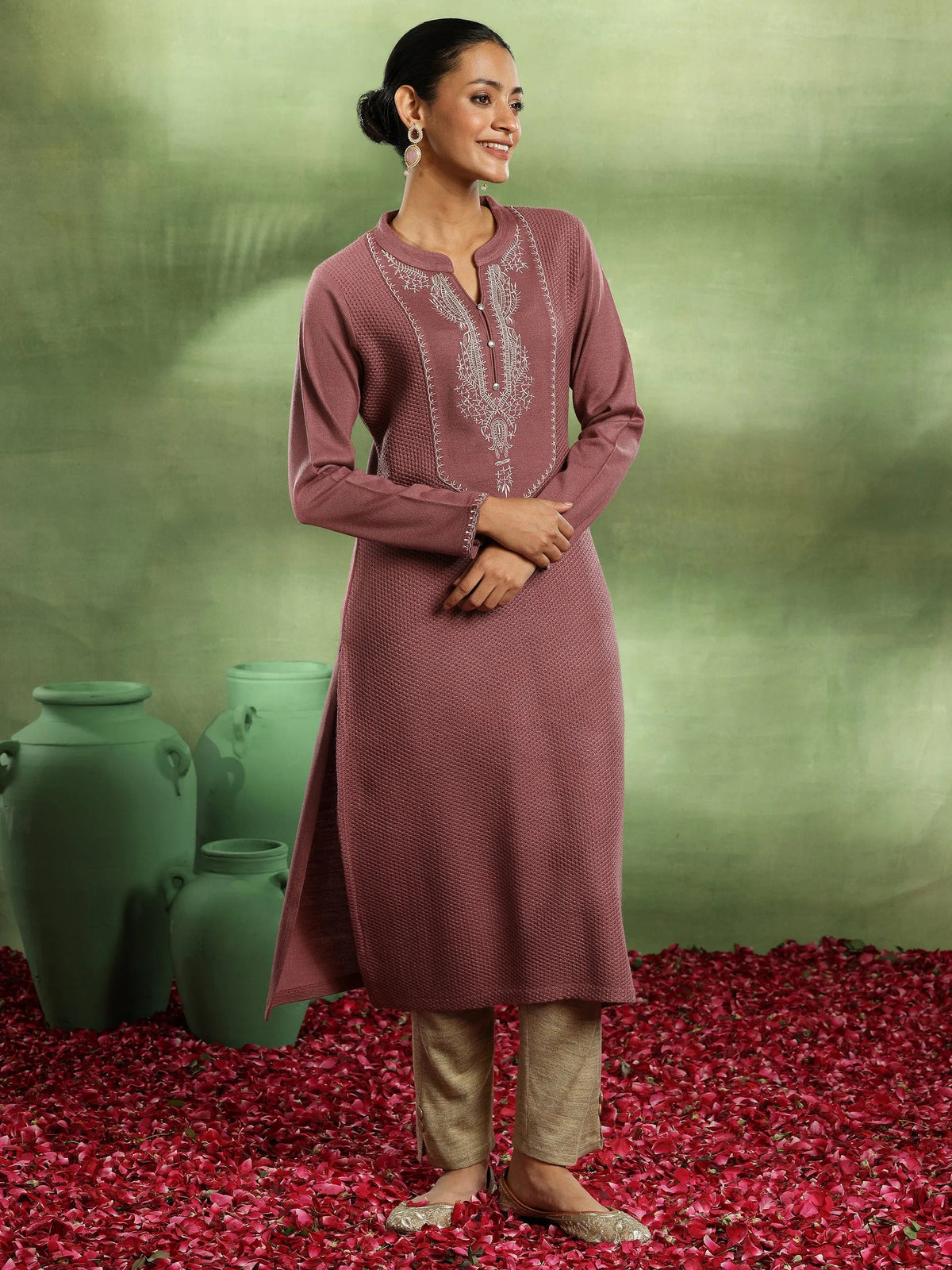 Libas Pink Yoke Design Wool Straight Kurta