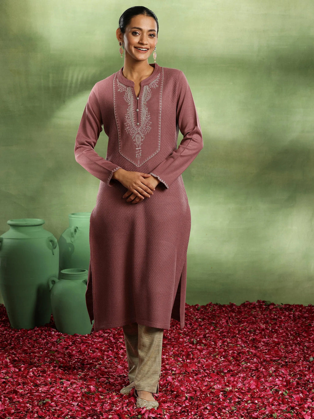 Libas Pink Yoke Design Wool Straight Kurta
