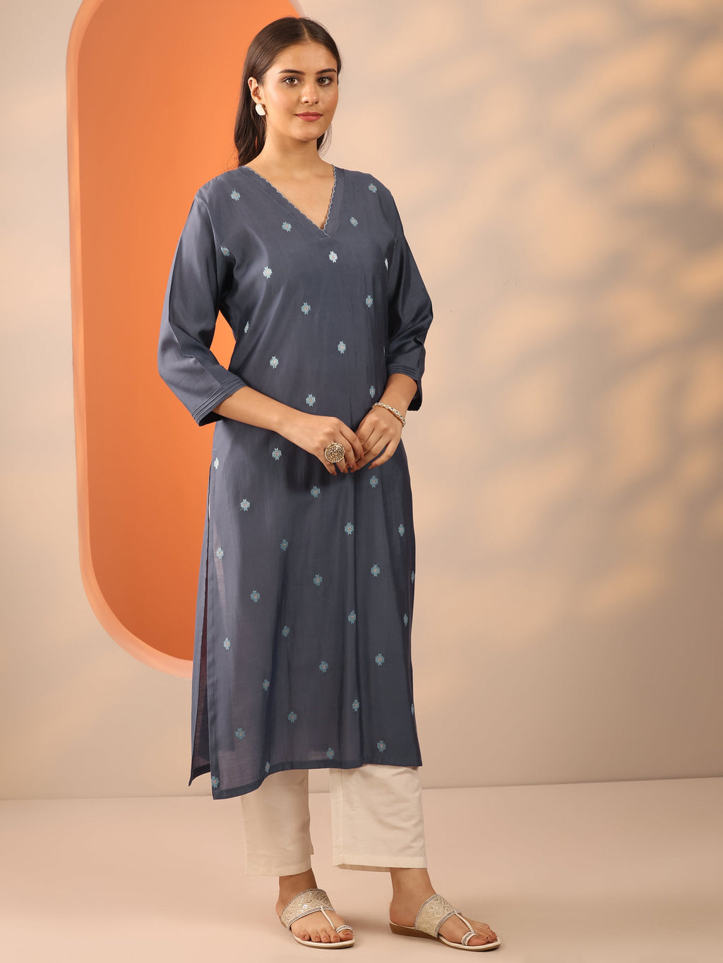 Libas Grey Embroidered Silk Blend Straight Kurta