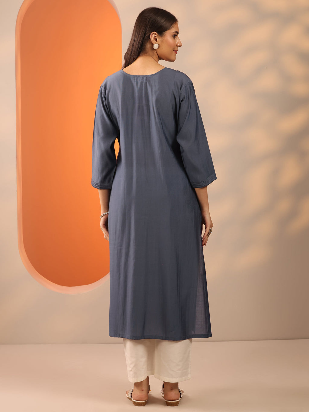 Libas Grey Embroidered Silk Blend Straight Kurta