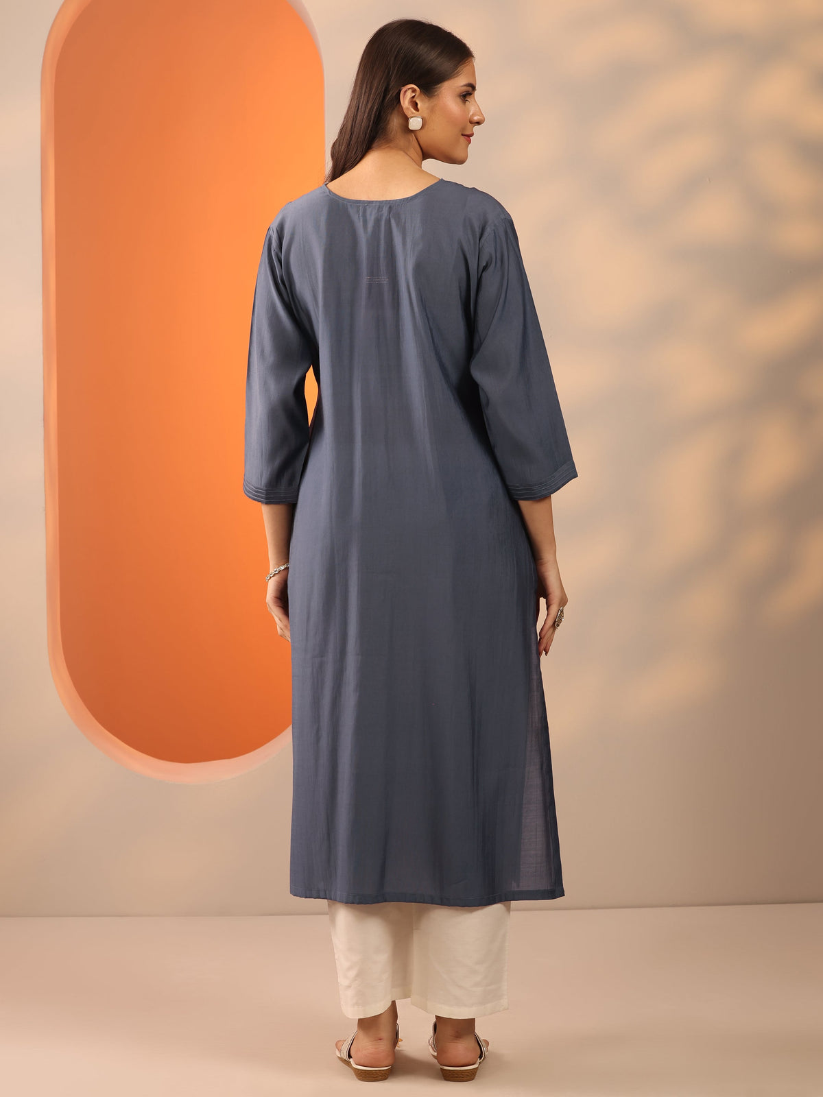 Libas Grey Embroidered Silk Blend Straight Kurta