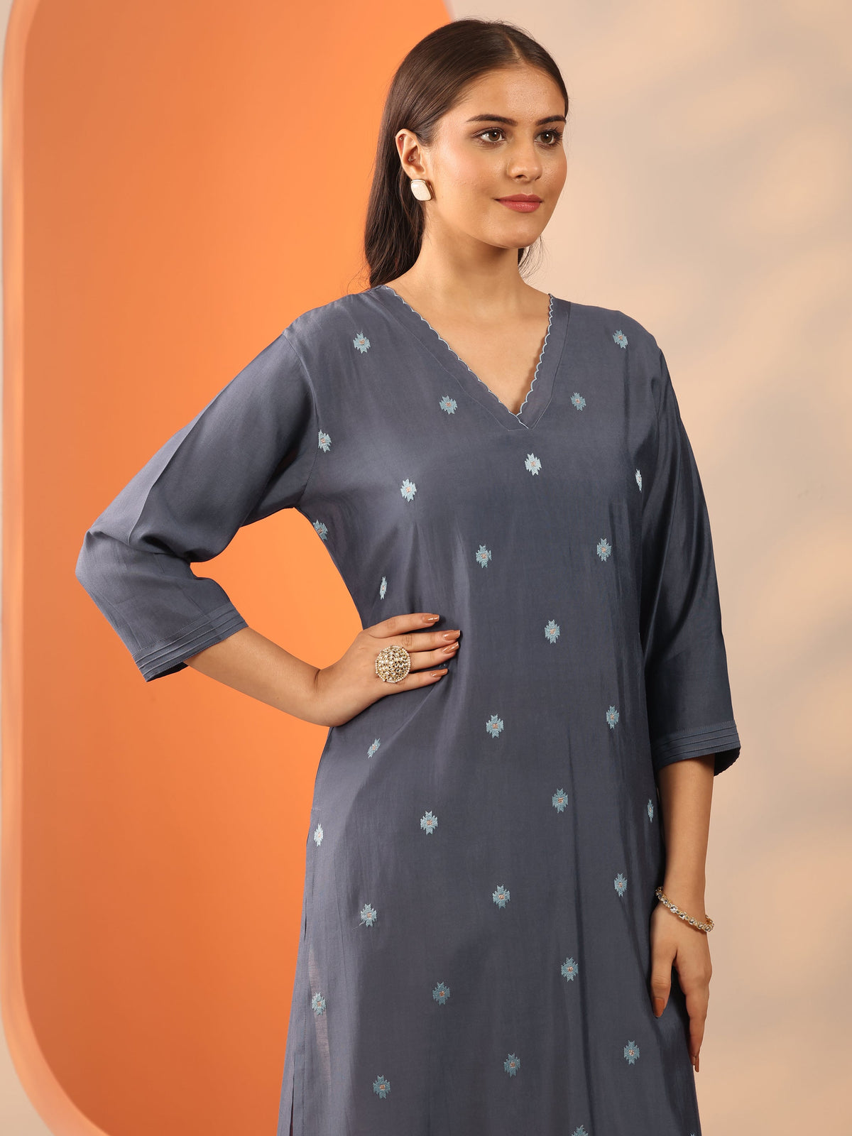 Libas Grey Embroidered Silk Blend Straight Kurta