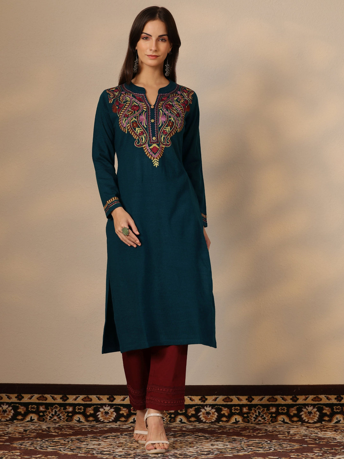 Libas Teal Yoke Design Wool Straight Kurta
