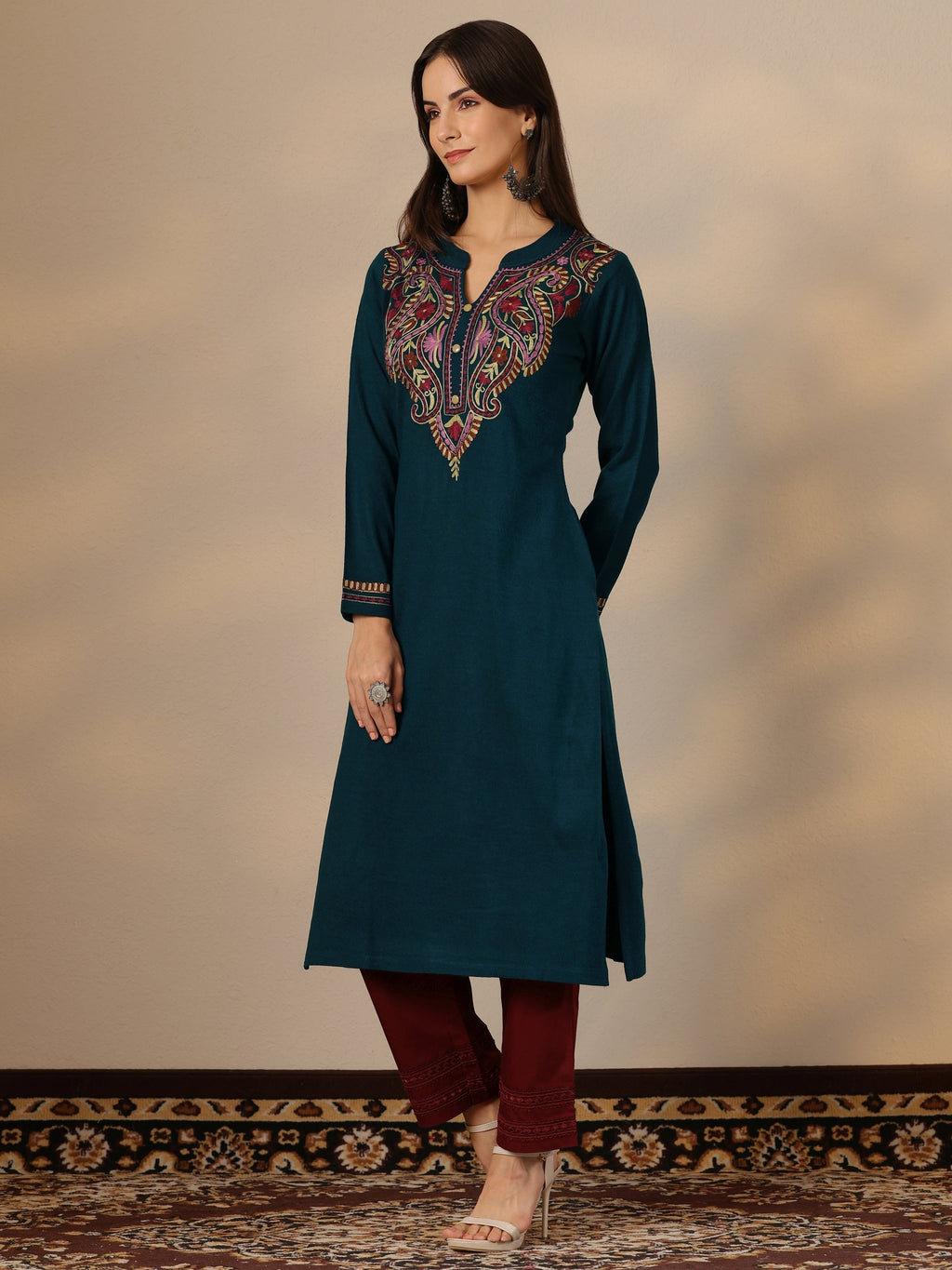 Libas Teal Yoke Design Wool Straight Kurta