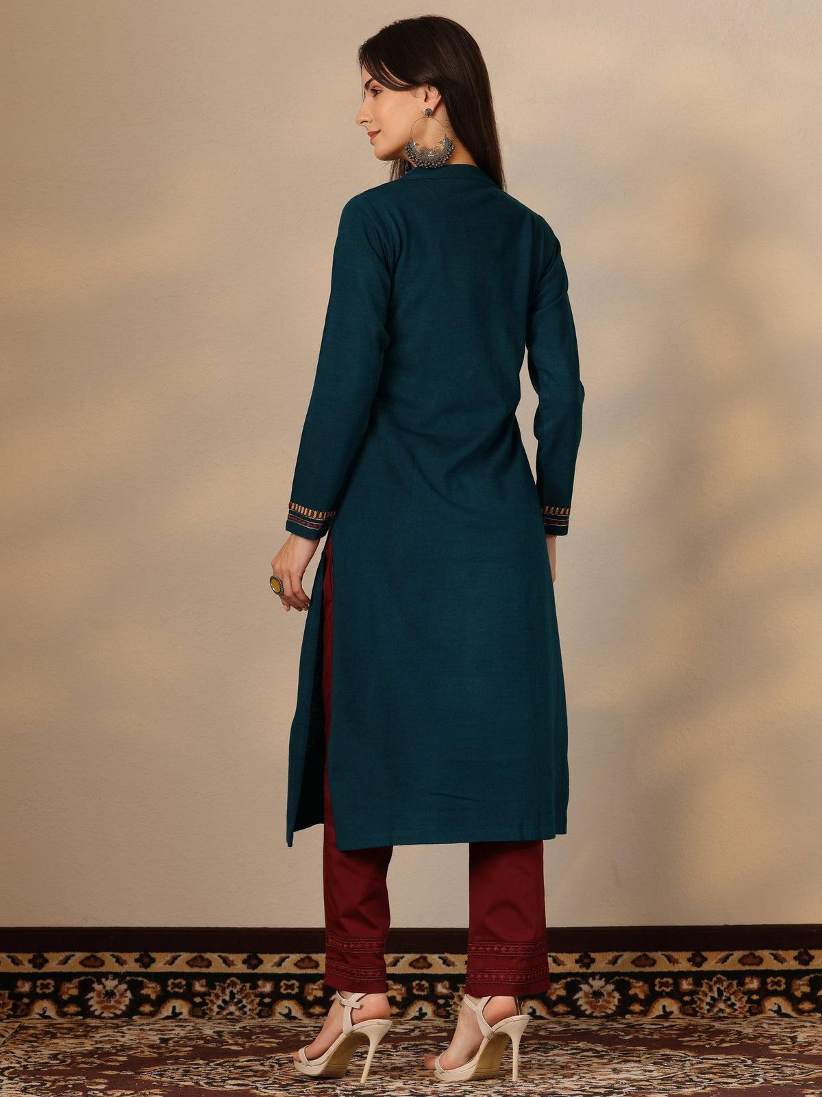 Libas Teal Yoke Design Wool Straight Kurta
