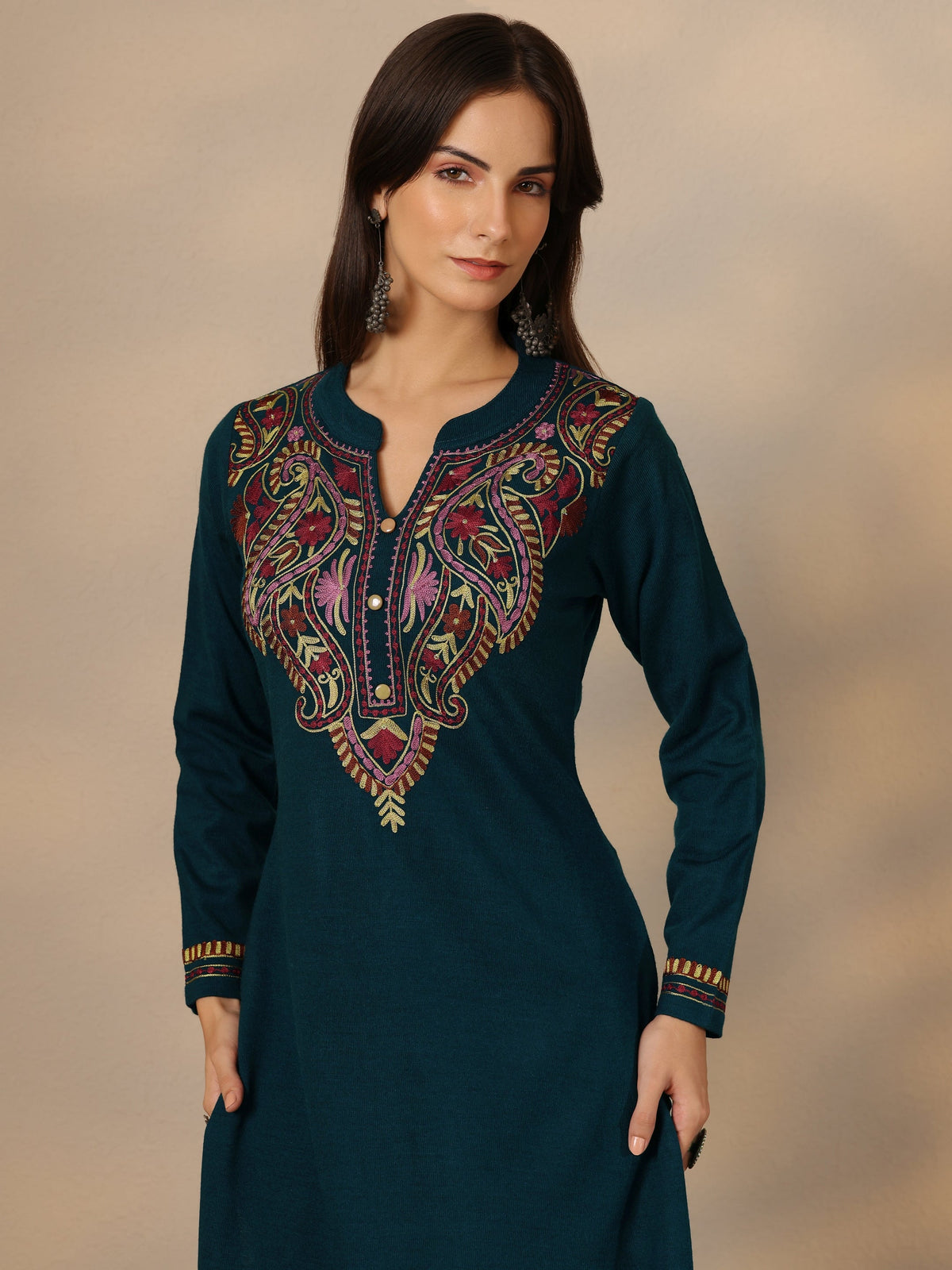 Libas Teal Yoke Design Wool Straight Kurta
