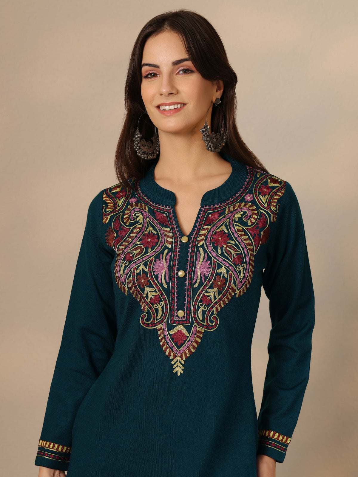 Libas Teal Yoke Design Wool Straight Kurta