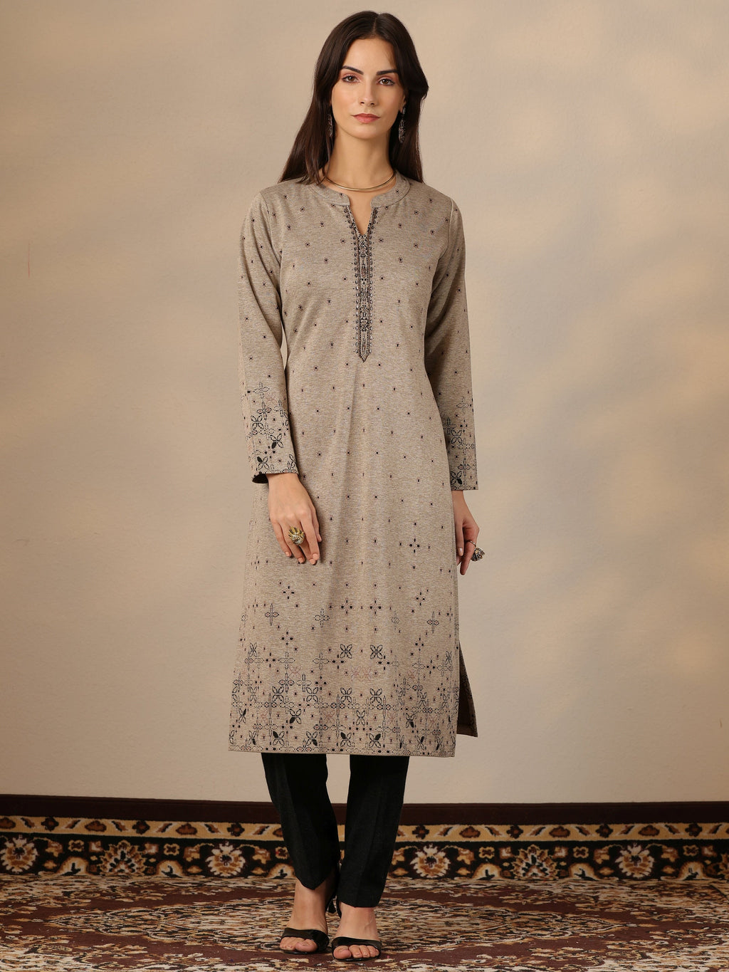 Libas Grey Woven Design Wool Straight Kurta