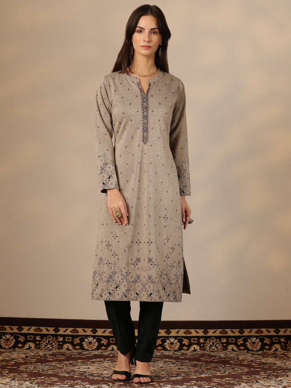 Libas Grey Woven Design Wool Straight Kurta