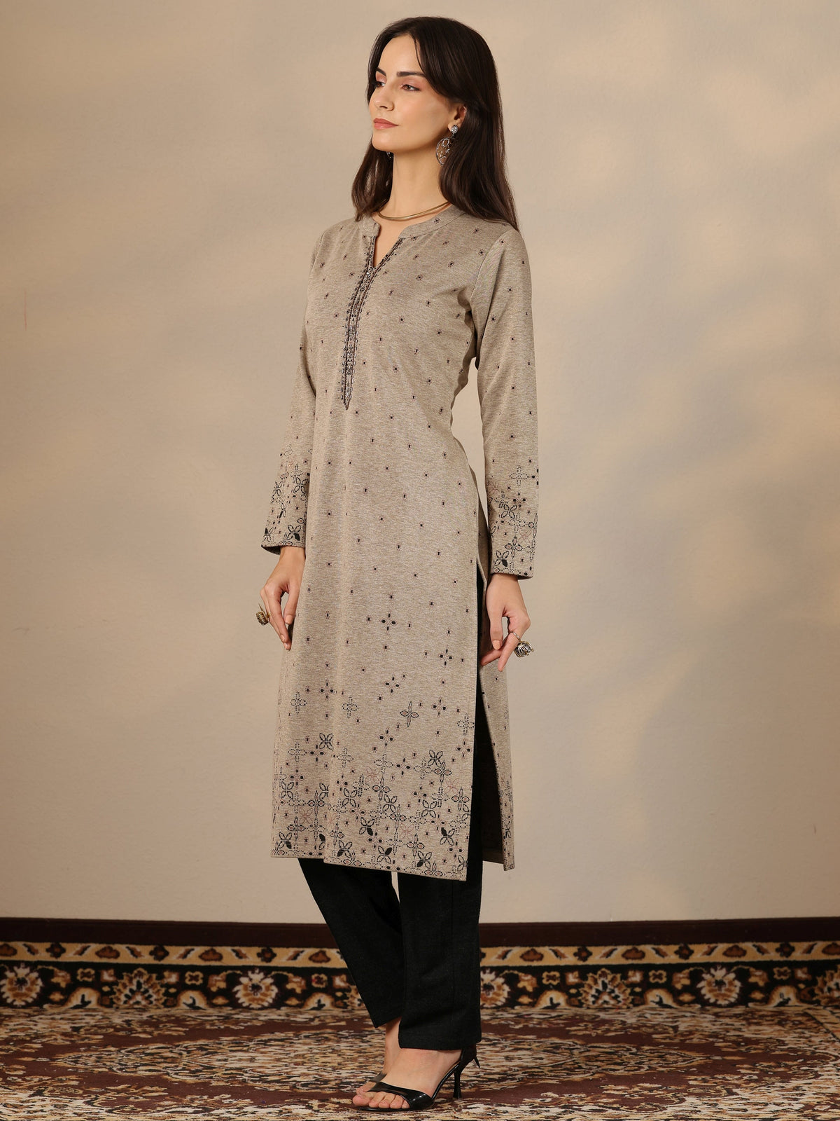 Libas Grey Woven Design Wool Straight Kurta