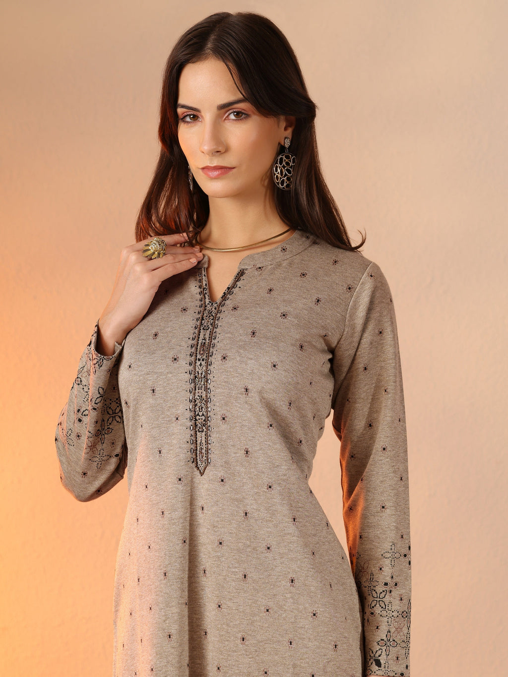 Libas Grey Woven Design Wool Straight Kurta