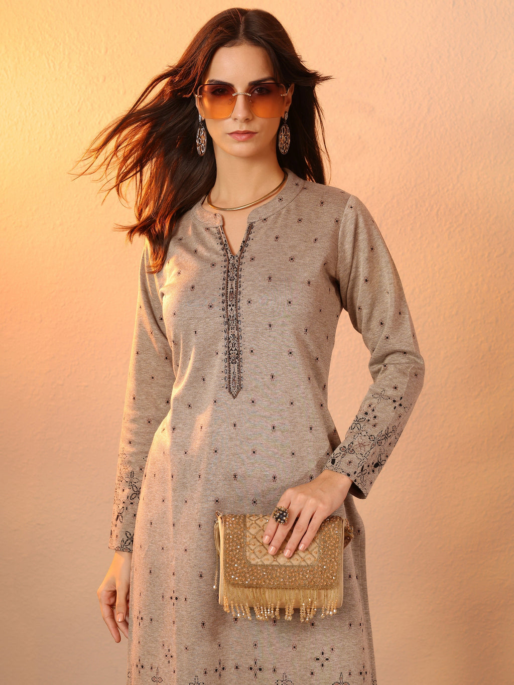 Libas Grey Woven Design Wool Straight Kurta