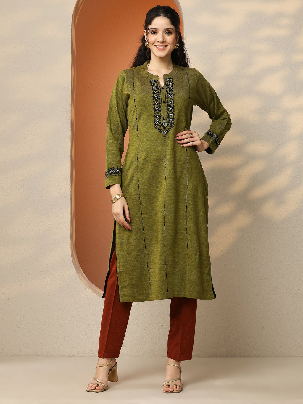 Libas Olive Embroidered Wool Straight Kurta