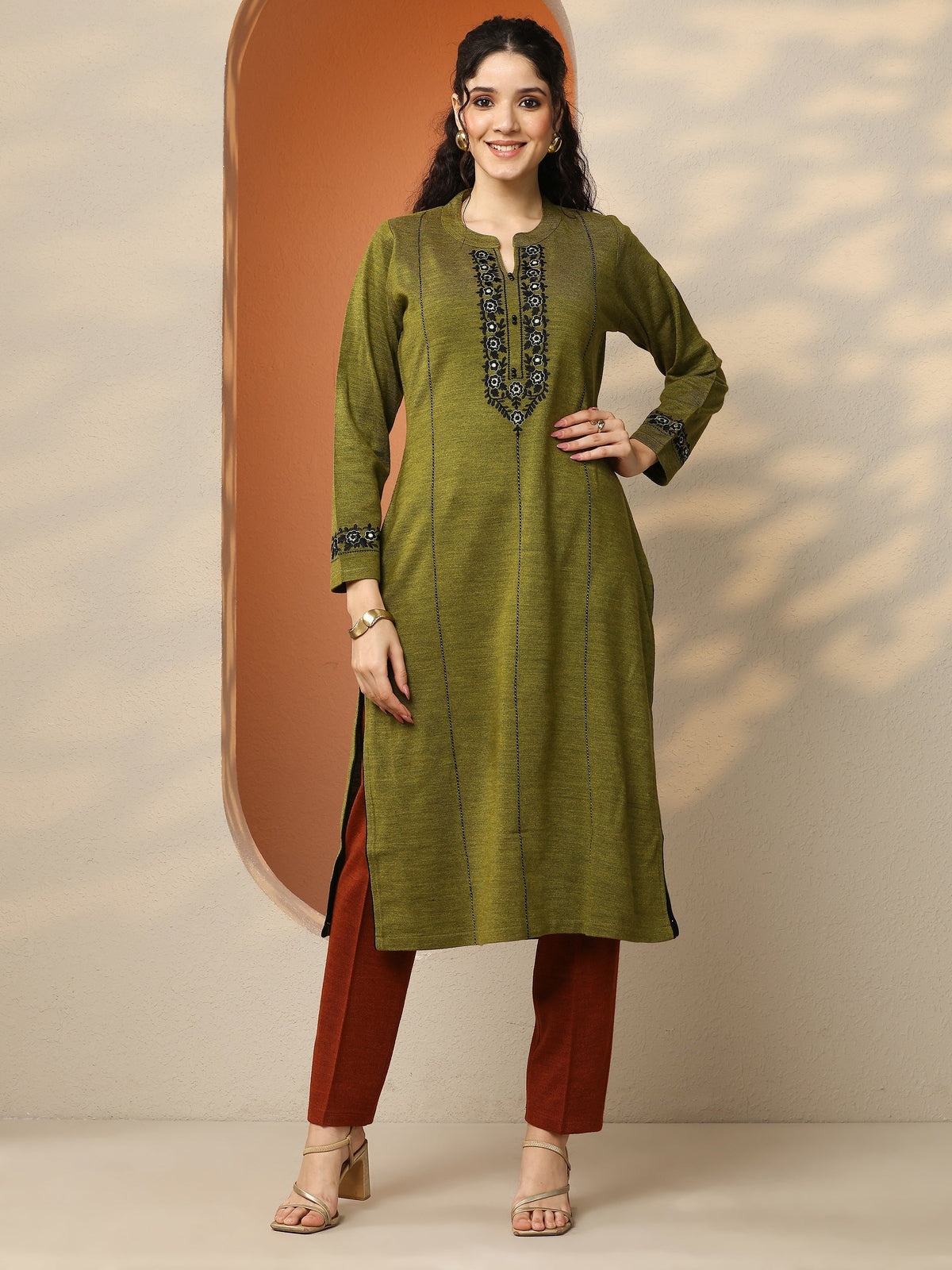 Libas Olive Embroidered Wool Straight Kurta