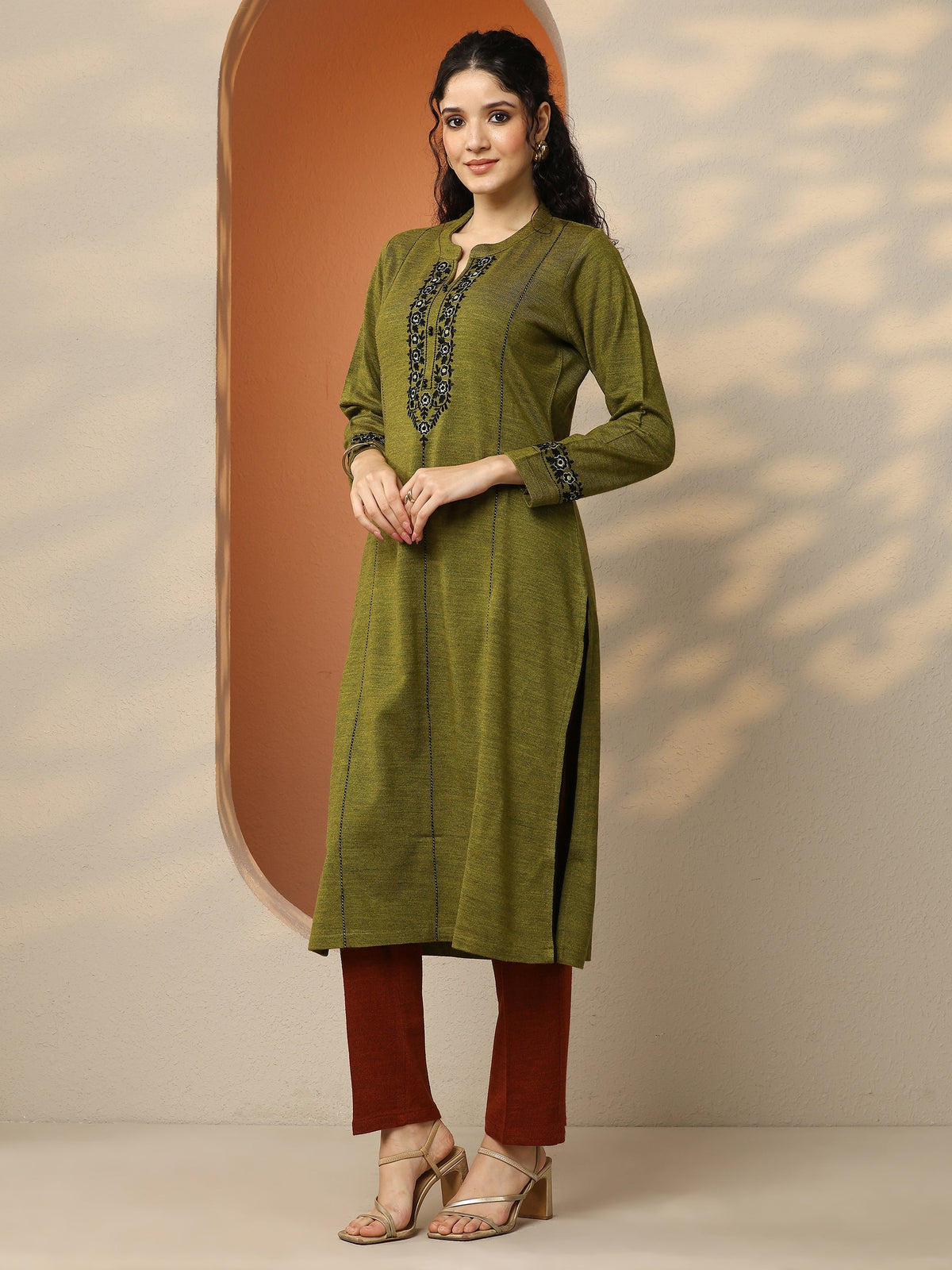 Libas Olive Embroidered Wool Straight Kurta